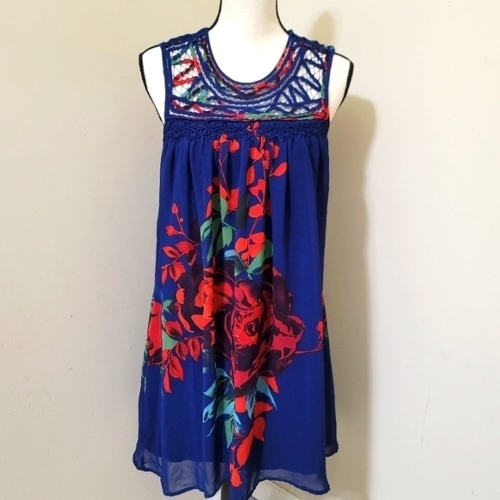Patterson J Kincaid Sleeveless Floral Lined Swing Dress‎ size XS Blue Red